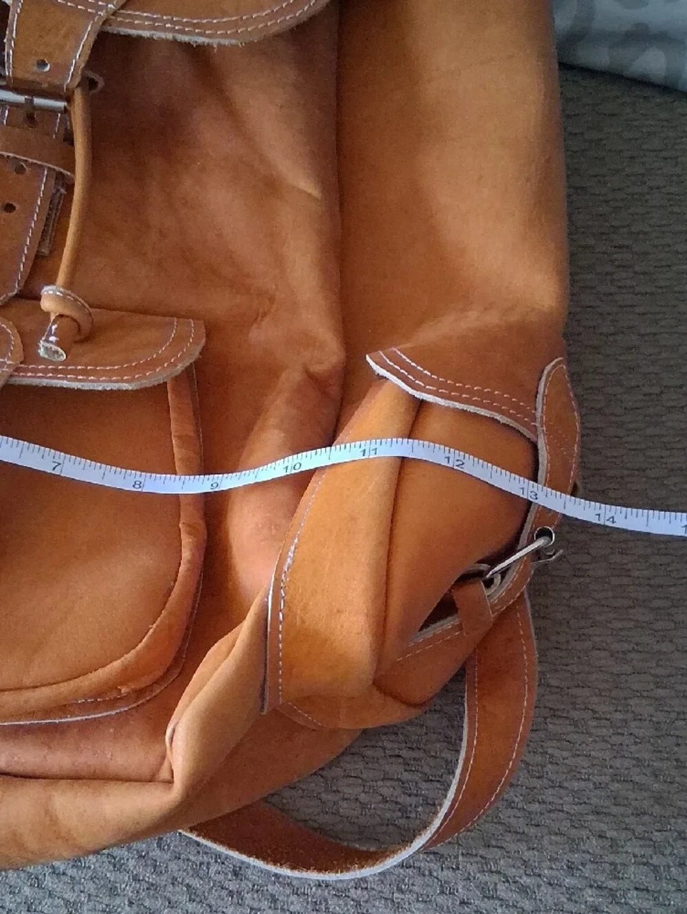 Vintage Tan Leather Backpack with Front and Side Buckle Pocket Purse Bag